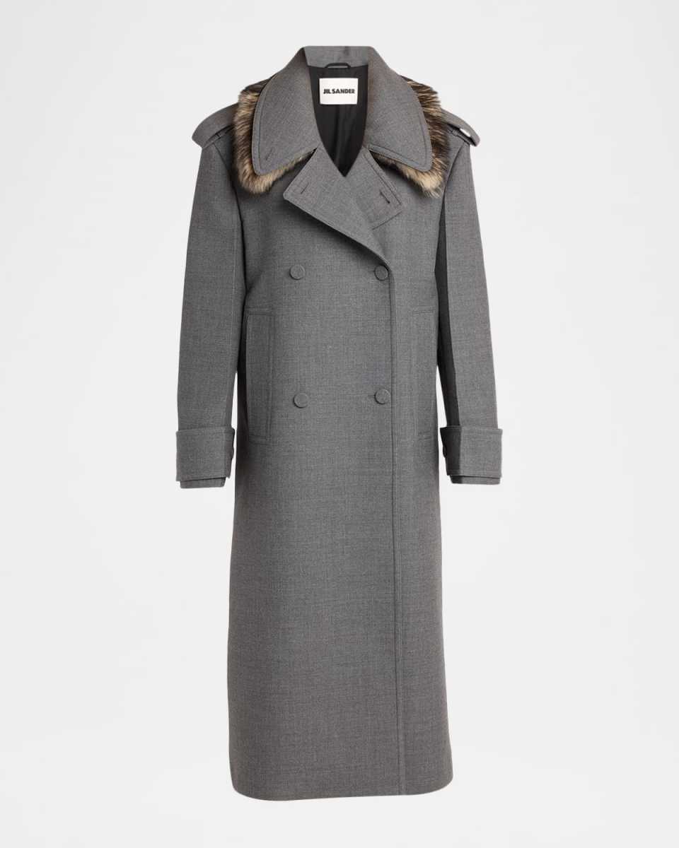 Double-Breasted Wool Long Coat With Detachable Sheep Shearling Collar